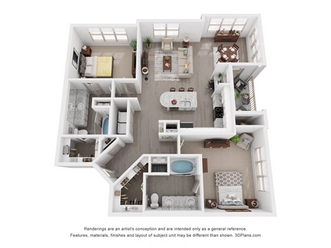 Floor plan for 2 beds, 2 baths, 1238 sqft